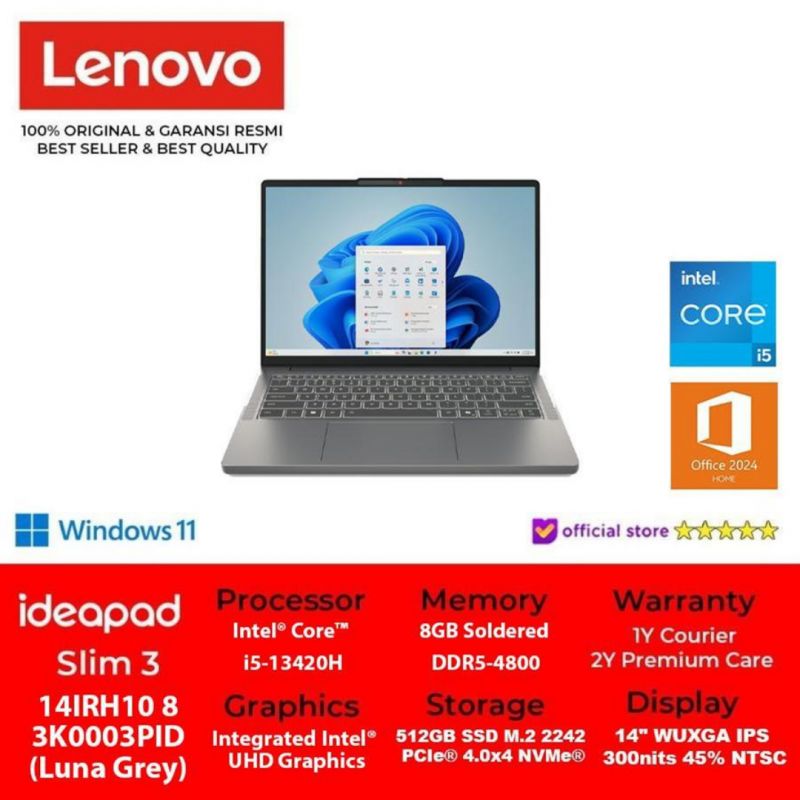 NB LENOVO IP Slim 3 14IRH10 i5 13420H 14 Inchi WUXGA IPS WIN 11+OHS 2024 Luna Grey 83K0003PID/Cosmic Blue 83K0003NID