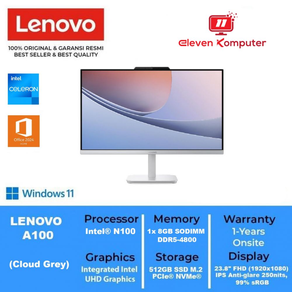 PC LENOVO AIO A100 INTEL N100 8GB DDR4 512GB SSD M.2 23.8" FHD IPS WIN11 CLOUD GREY F0J60010ID