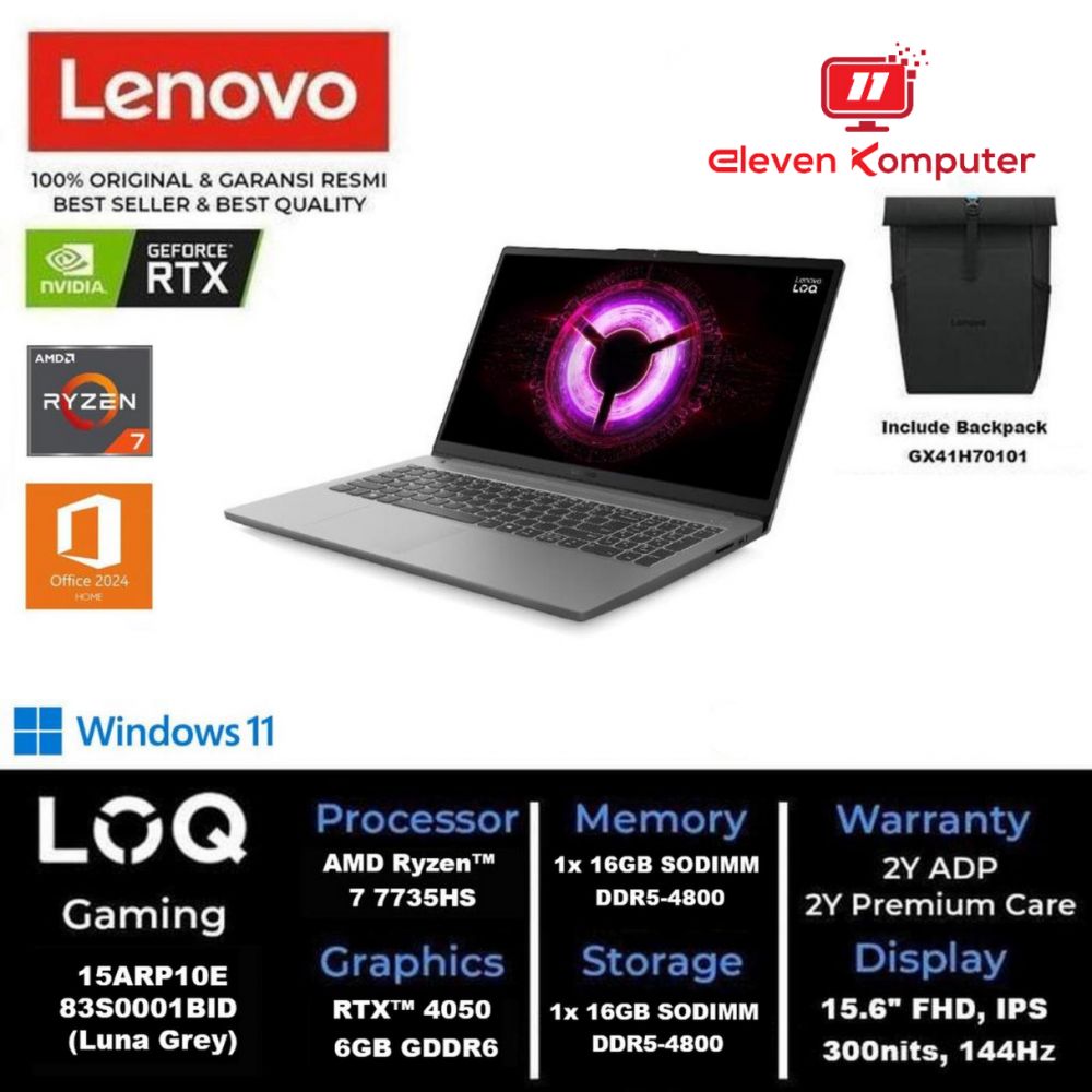 NB LENOVO LOQ 15ARP10E AMD Ryzen 7 7735HS RTX 4050 6GB 15.6" FHD IPS 100% sRGB 144Hz WIN11 OH 2024 Luna Grey 83S0001BID