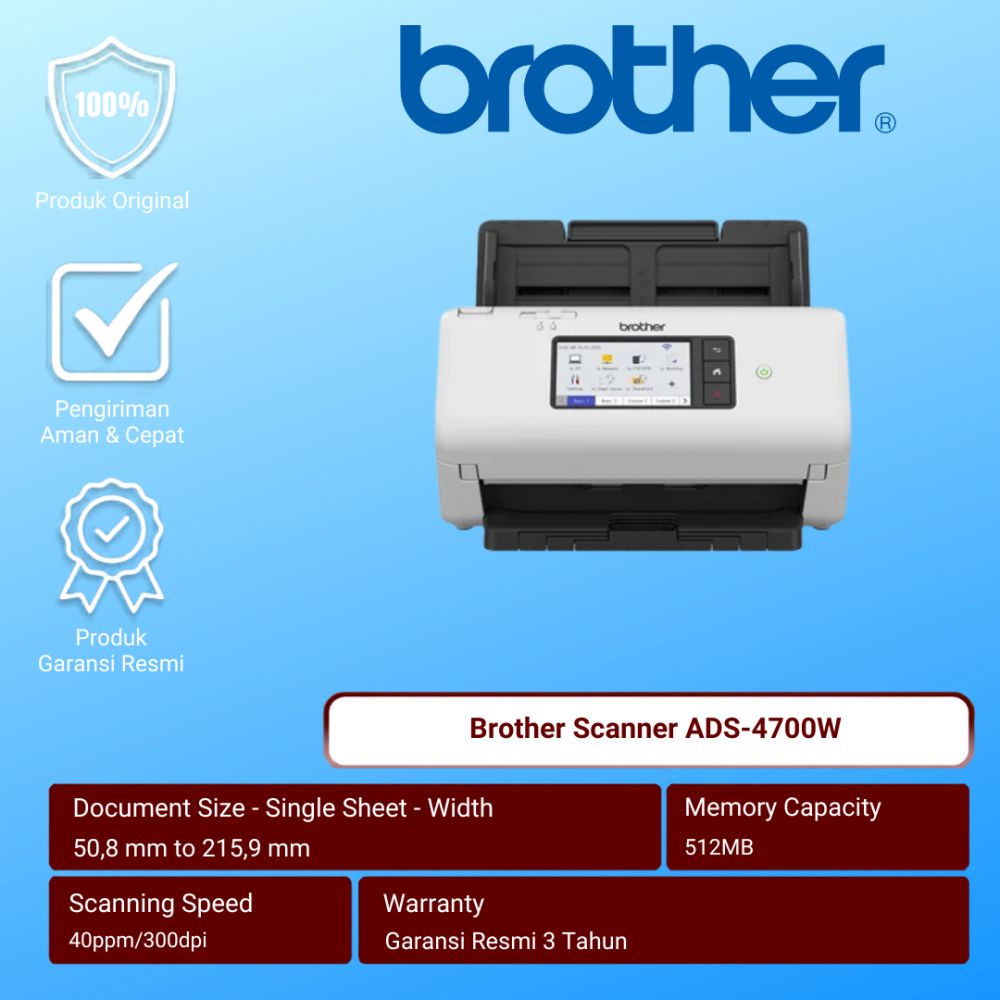 SCANNER BROTHER ADS-4700W Successor ADS-2800W / 40ppm + ADF 80 + WIFI + LAN + Touchscreen 10.9cm