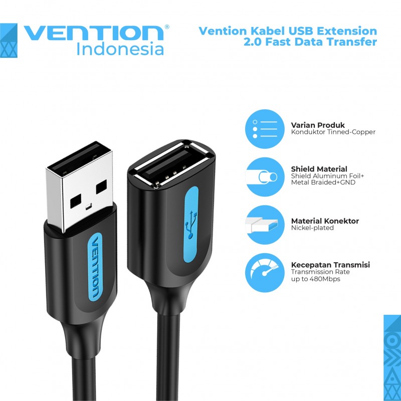 Vention Kabel USB A 2.0 Extention Black PVC 0.5M - CBIBD